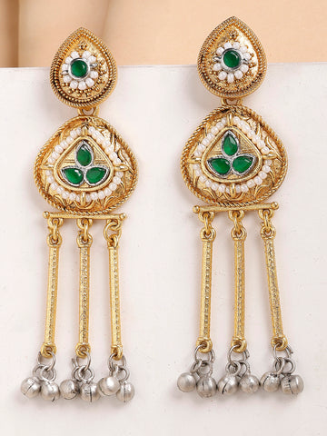 Karatcart Traditional Green Stone Gold Plated Silver Tassels Drop Earrings for Women