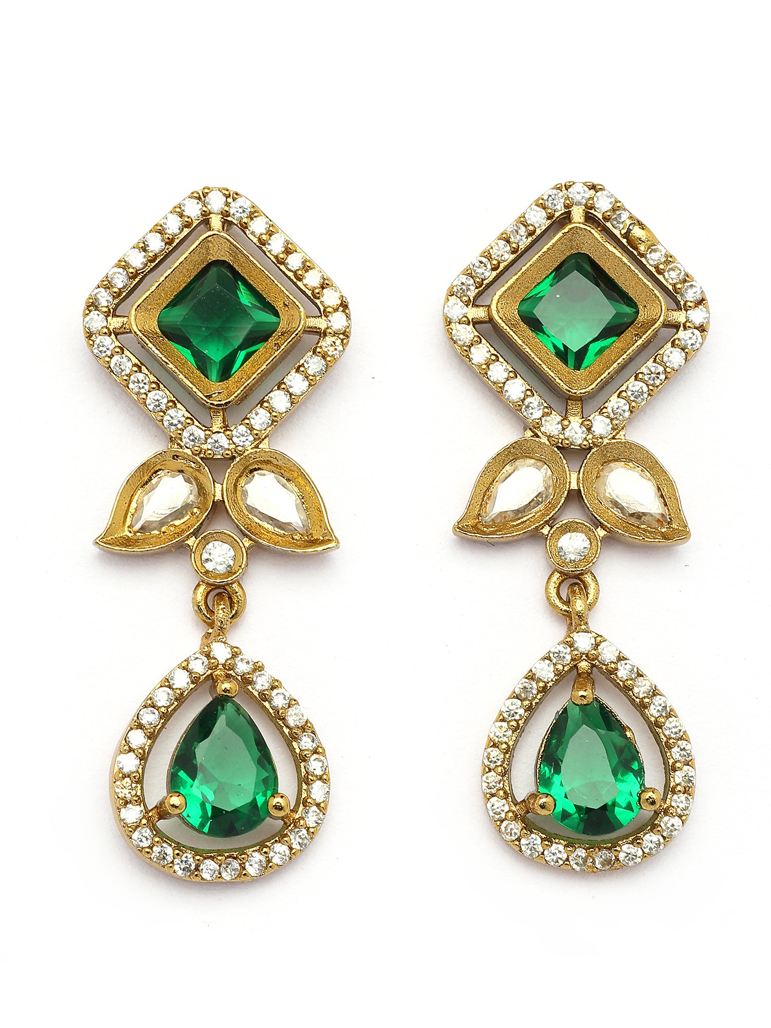 KARATCART Traditional Gold-Plated Green American Diamond Rani Haar Jewellery Set for Women - view 6