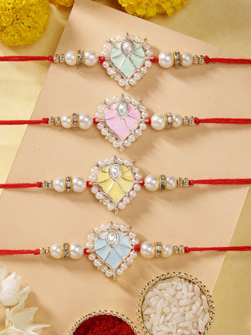 KARATCART Set of 4 Handmade Meenakari Heart Shape Kundan Rakhis for Brother with Roli and Chawal