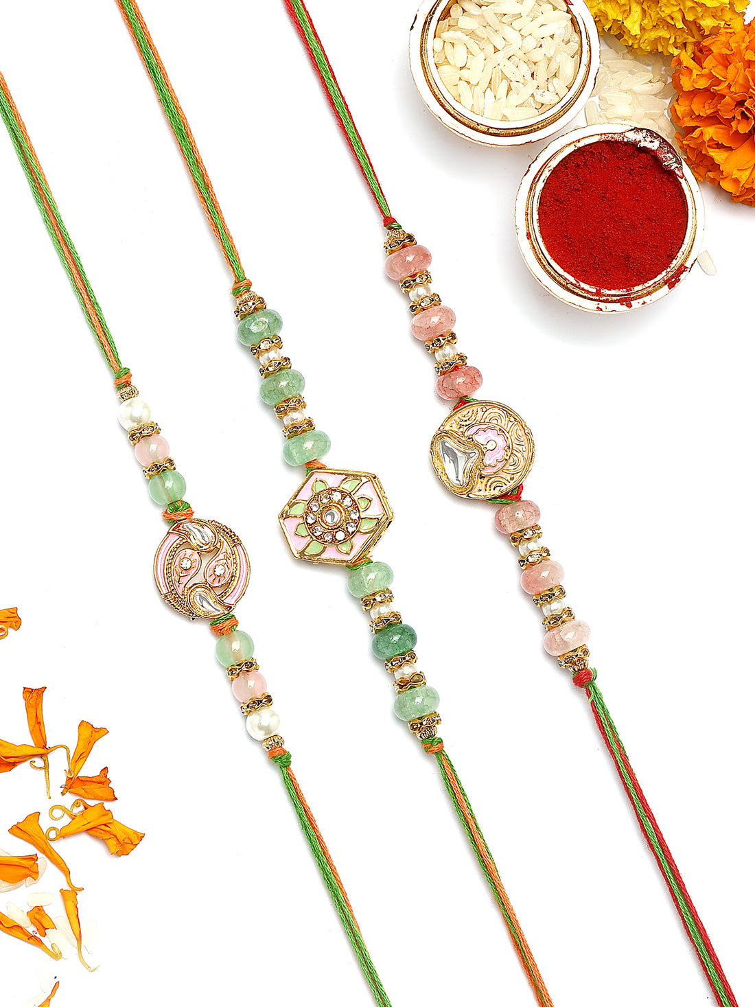 KARATCART Set of 3 Pink & Green Beaded Enamel Designer Kundan Rakhi for Brother with Roli & Chawal