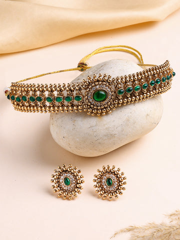 KARATCART Elegant Gold-Plated Green Oval Stone Choker Necklace Set for Women