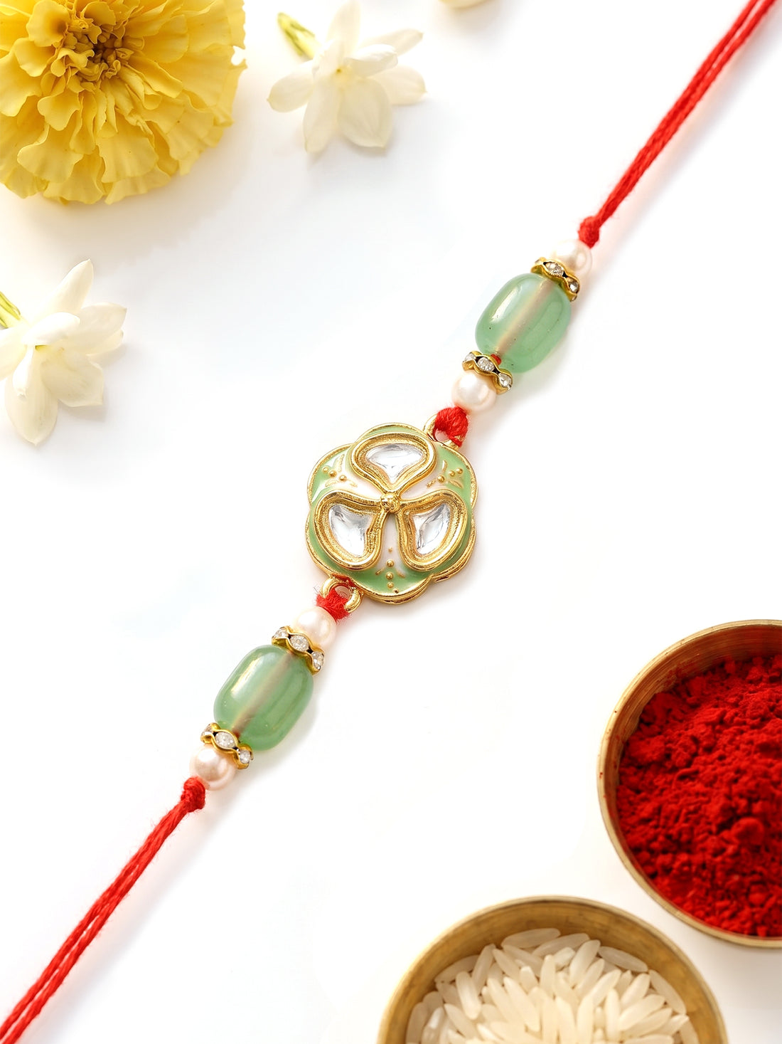 KARATCART Stylish Lime Green Meenakari Floral Design Handmade Rakhi for Brother with Roli & Chawal
