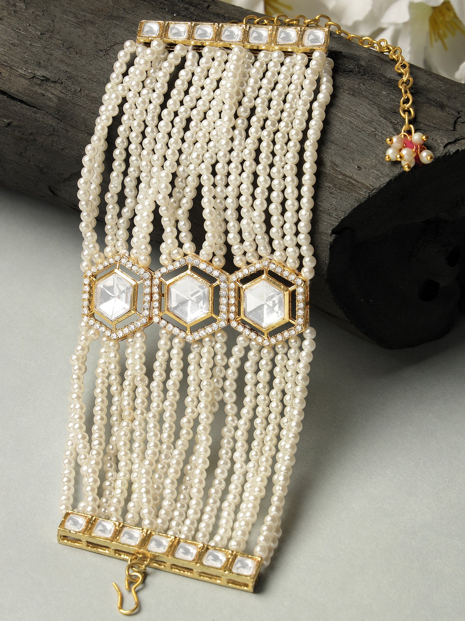 Karatcart Gold Plated Polki Kundan and Pearl Beaded Bracelet for Women