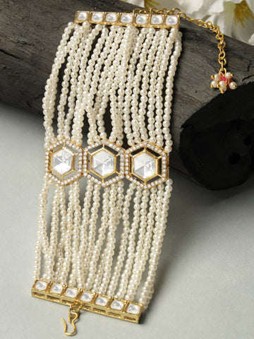 Karatcart Gold Plated Polki Kundan and Pearl Beaded Bracelet for Women