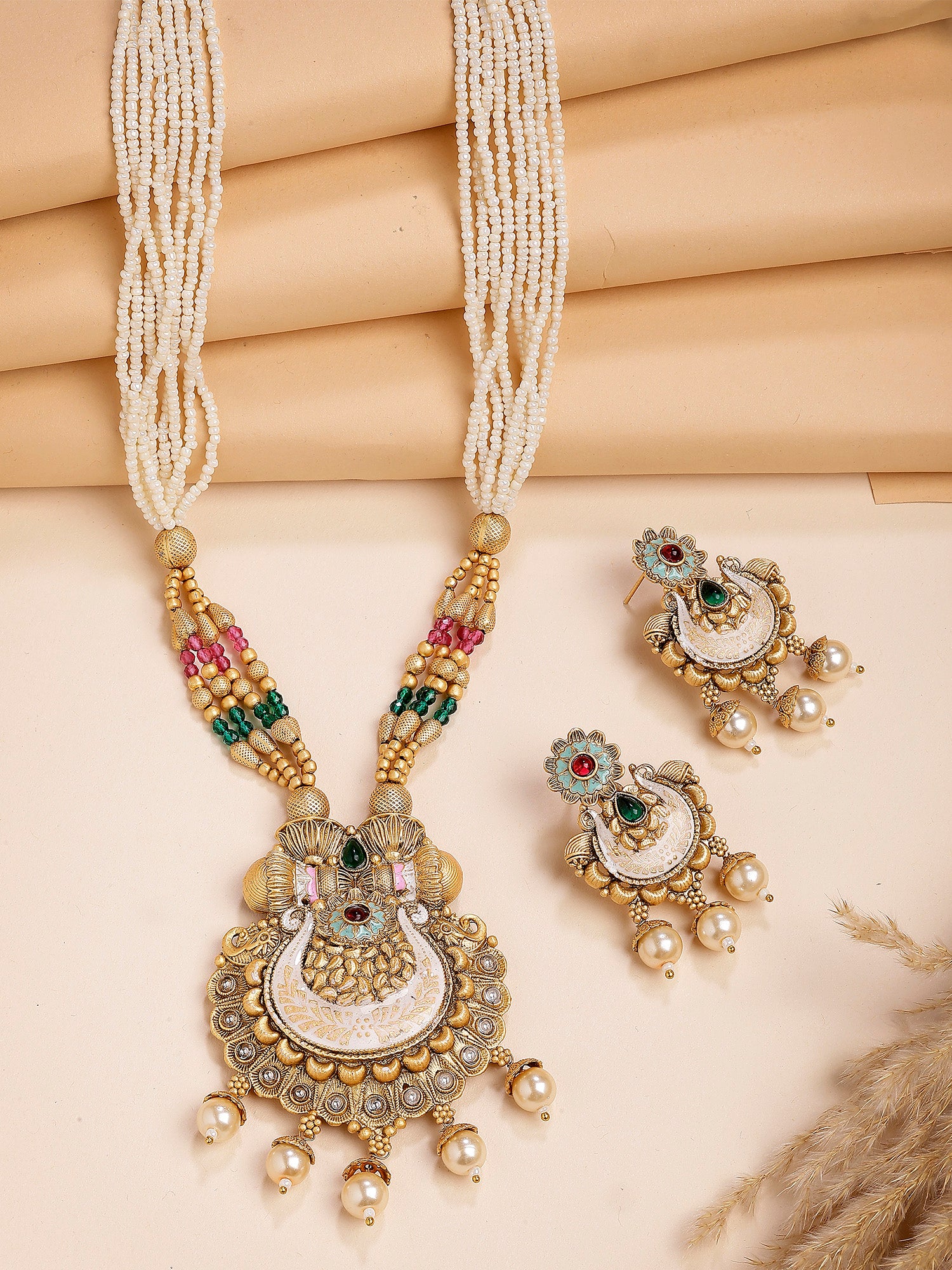 Karatcart Ethnic Gold Plated Meenakari Work Rani Haar Necklace Set for Women