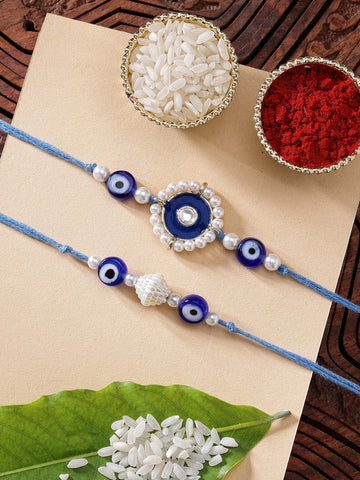 KARATCART Set of 2 Blue Meena Evil Eye Handmade Kundan Rakhi for Brother with Roli and Chawal