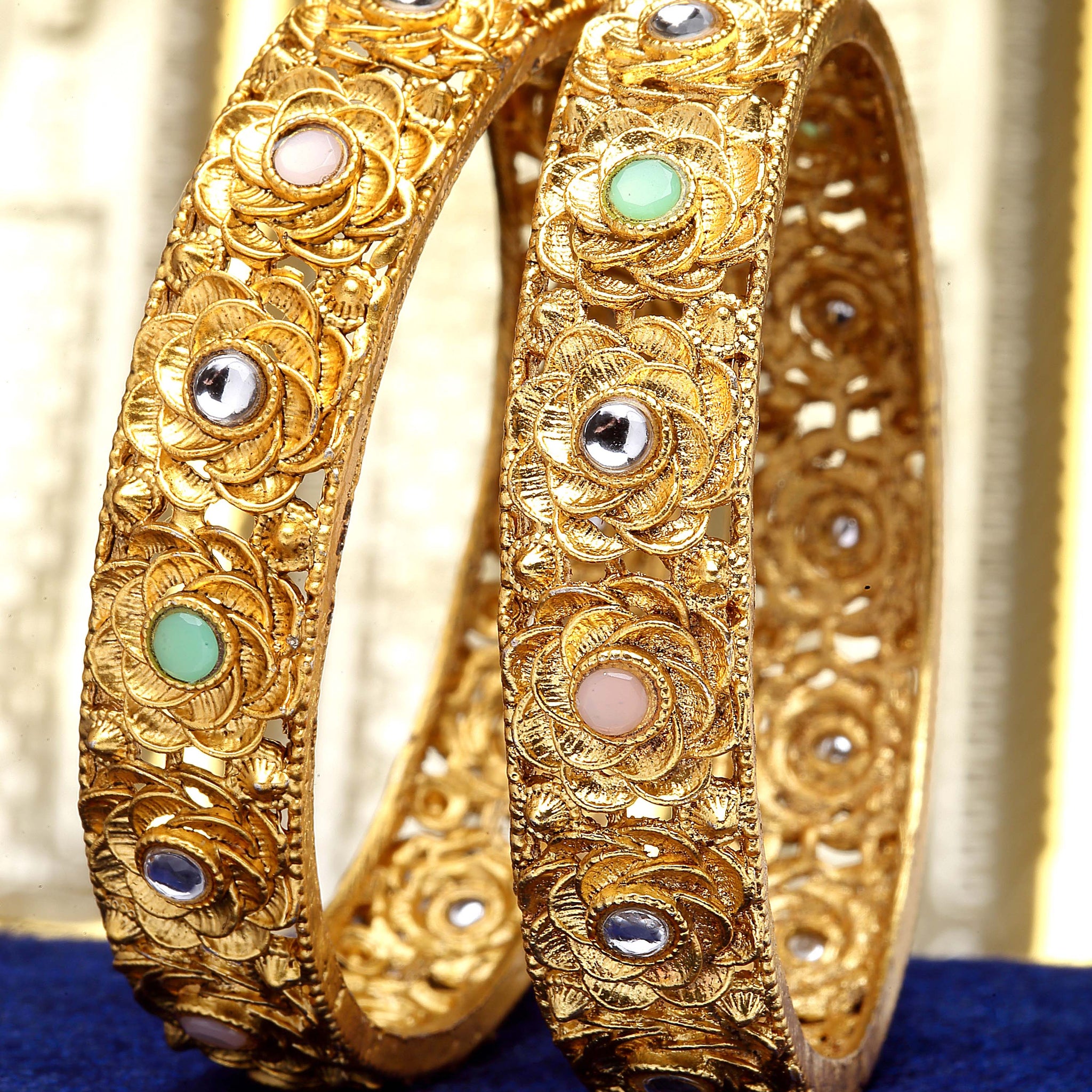 Karatcart Gold Plated Set of 2 Floral Design Multicolor Stone Studded Bangles for Women