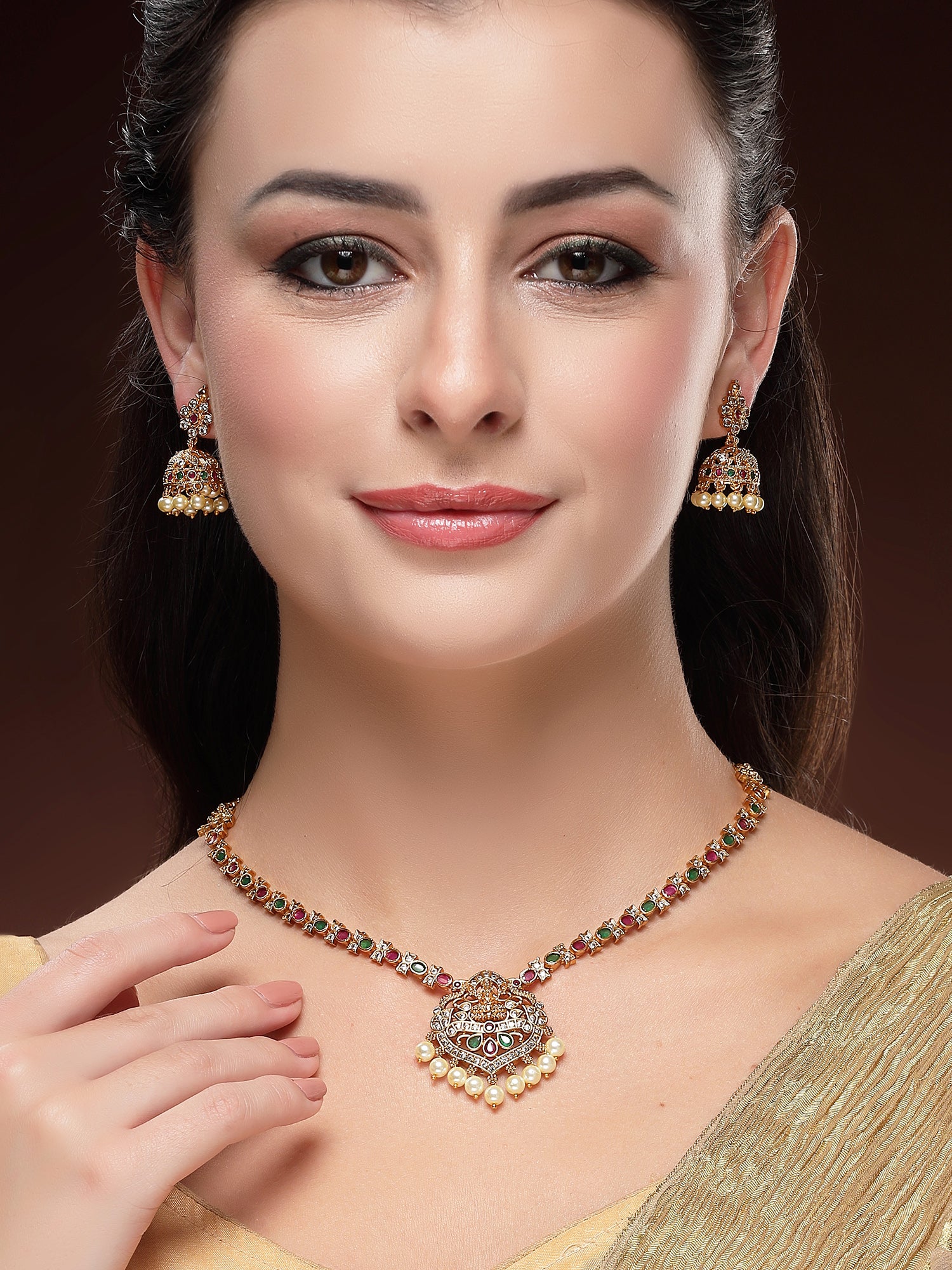 KARATCART Traditional Gold Plated Red and Green Stone Laxmi Mata Temple Jewellery Set for Women - view 3