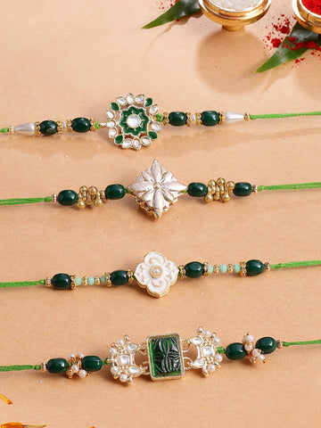 KARATCART Set of 4 Green Carved Stone Floral Kundan Rakhi for Brother with Roli & Chawal