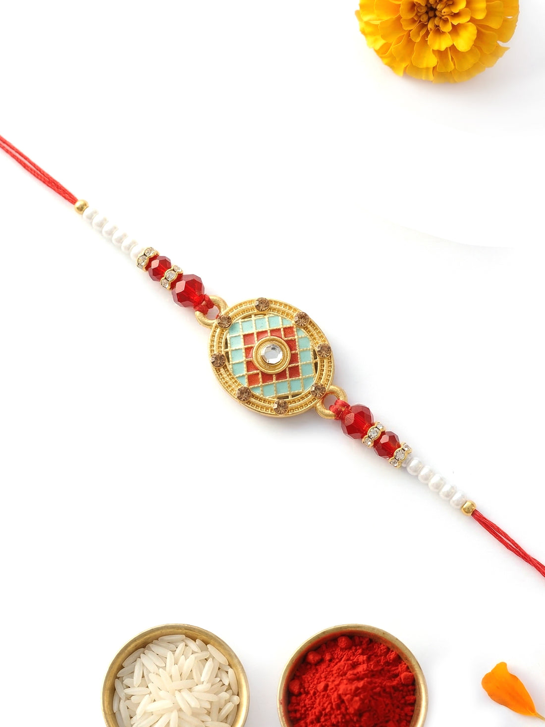KARATCART Gold Plated Evil Eye Meenakari Bhaiya Rakhi with Roli & Chawal