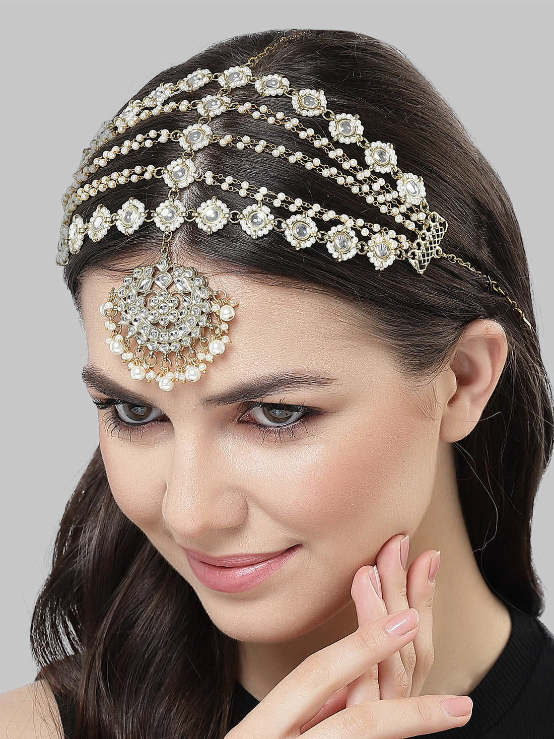 Karatcart Gold-Plated Pearl and Kundan Studded Mathapatti for Women