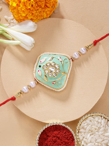 KARATCART Special Lime Green Meenakari Floral Design Handmade Rakhi for Brother with Roli Chawal