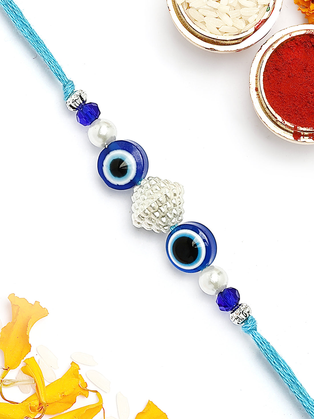 KARATCART Gold Plated Blue Evil Eye Bhaiya Rakhi with Roli & Chawal
