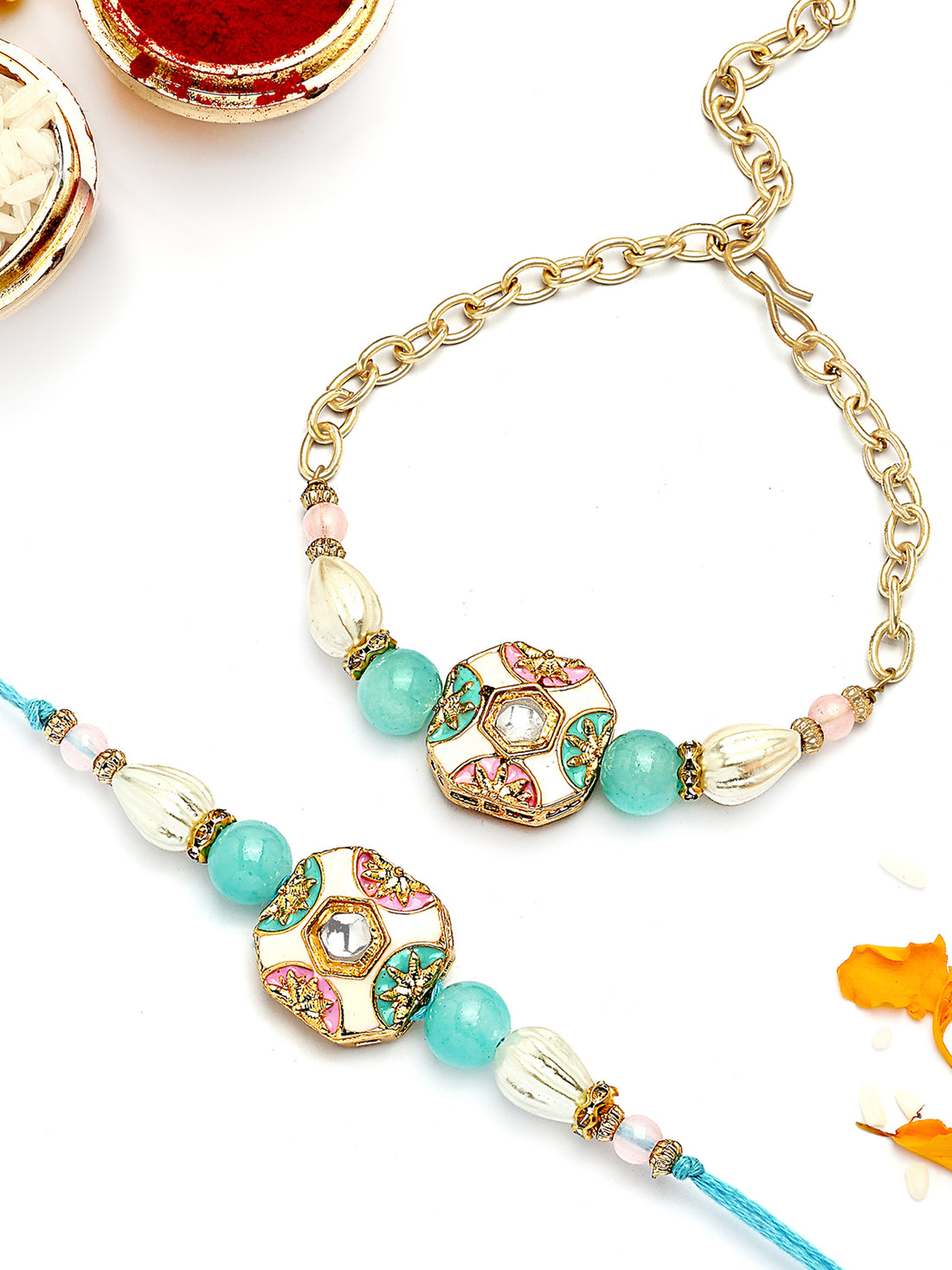 KARATCART Gold Plated Blue Beads Enamel Floral Kundan Bhaiya Bhabhi Rakhi with Roli & Chawal