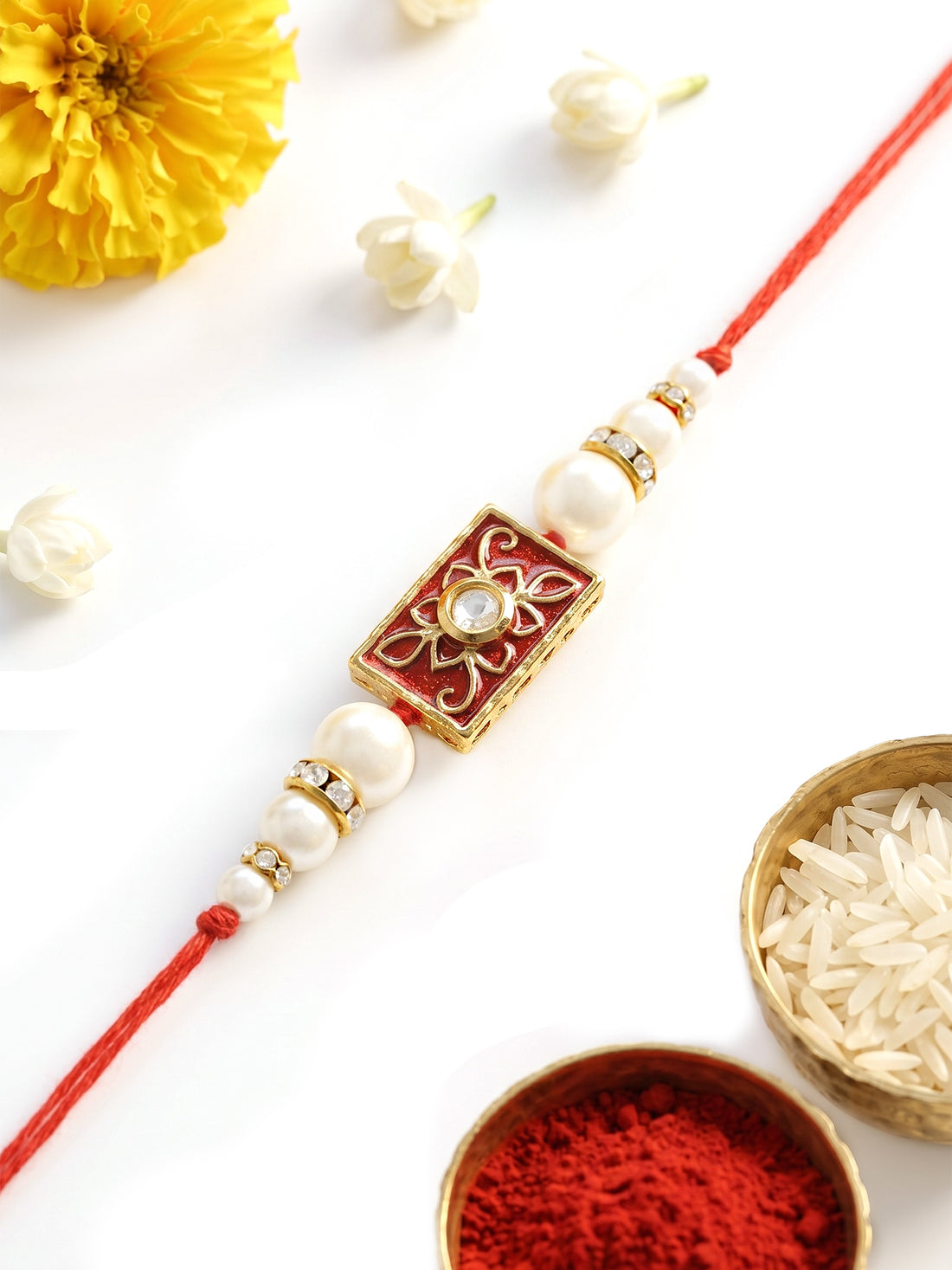 KARATCART Classic Red Meena Light Weight Handmade Kundan Rakhi for Brother with Roli & Chawal