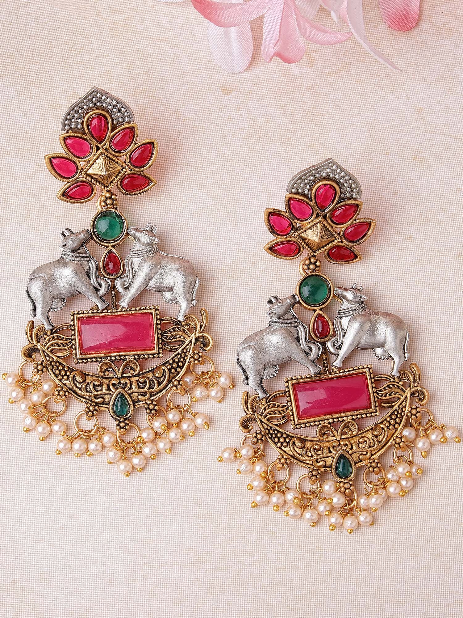 Karatcart Gold and Silver Plated Cow Shape Drop Earrings for Women