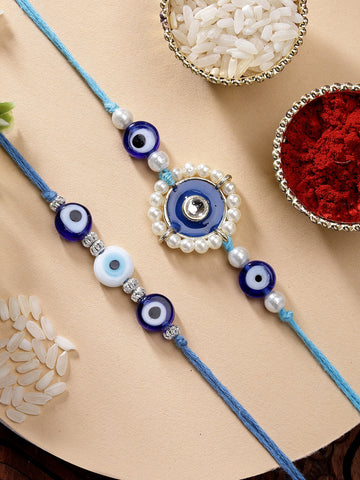 KARATCART Set of 2 Blue Evil Eye and Pearl Handmade Kundan Rakhi for Brother with Roli & Chawal