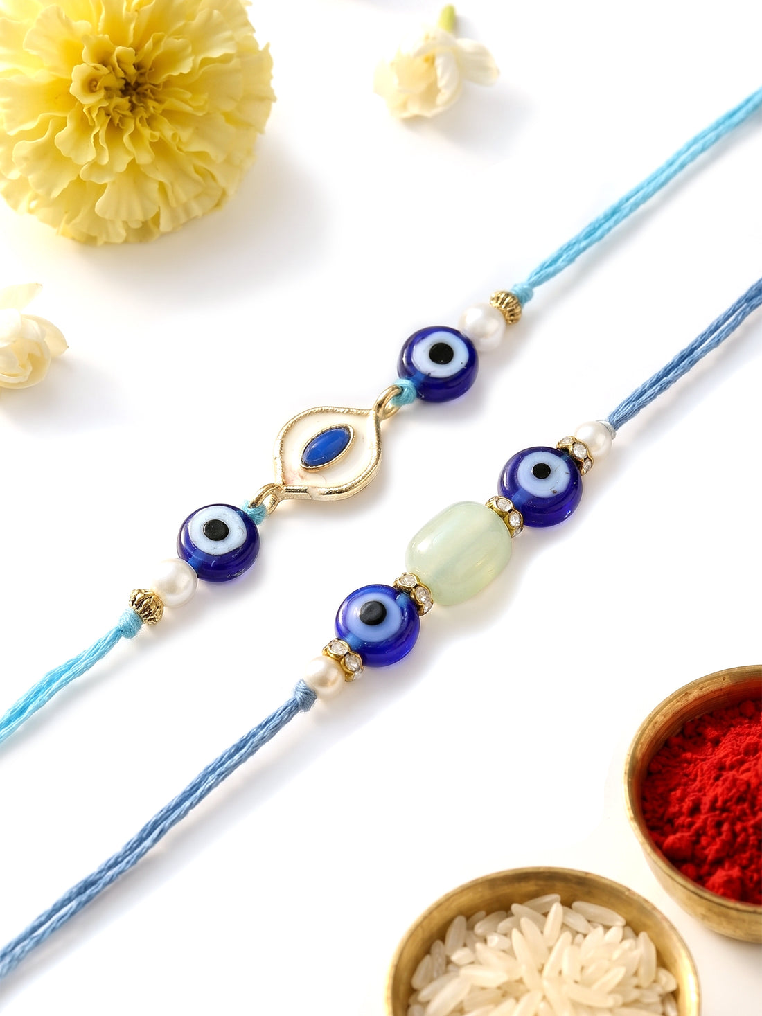 KARATCART Set of 2 Blue Evil Eye Green Bead Handmade Kundan Rakhi for Brother with Roli & Chawal