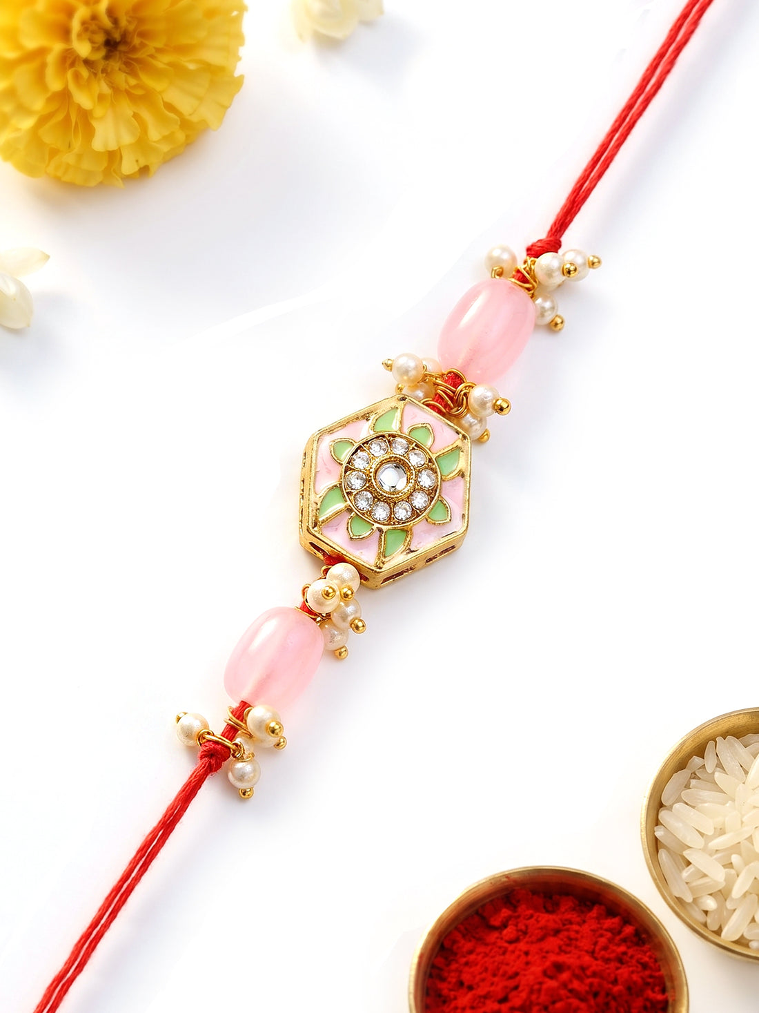 KARATCART Elegant Pink Beads Floral Meenakari Handmade Rakhi for Brother with Roli & Chawal