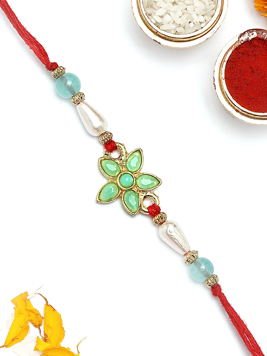 KARATCART Gold Plated Light Blue Floral Kundan Bhaiya Rakhi with Roli & Chawal