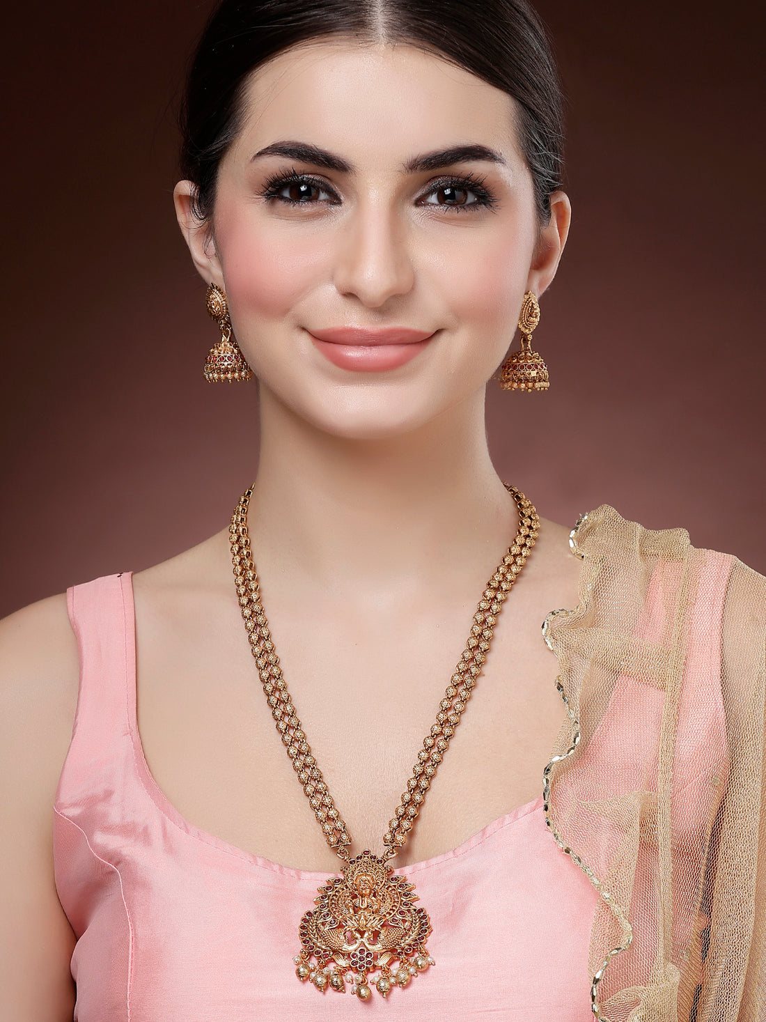 Karatcart Gold Plated Laxmi Mata Temple Long Jewellery Set for Women