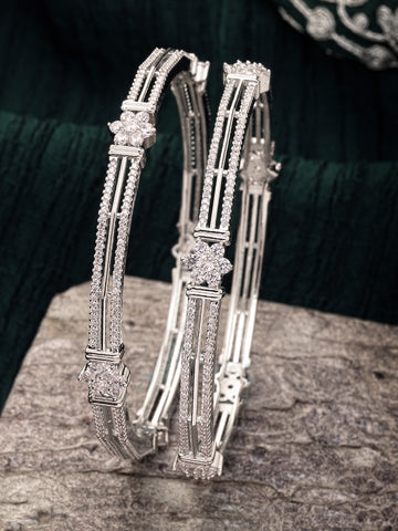Karatcart Set of 2 Silver Plated Floral American Diamond Studded Bangles for Women