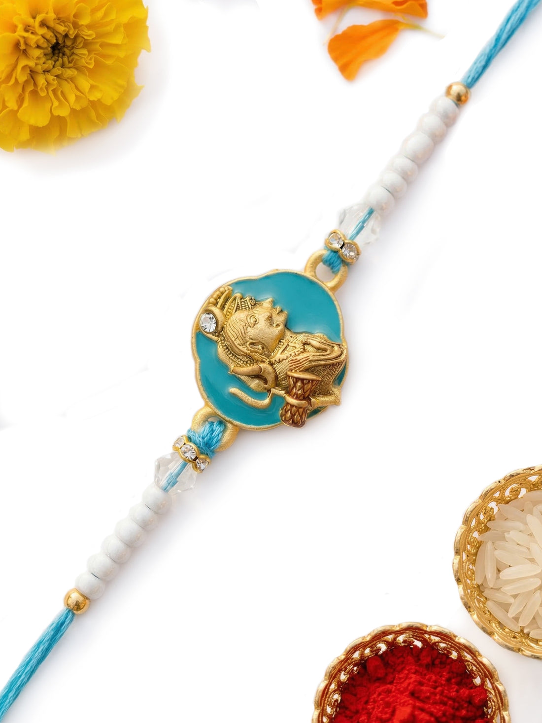 KARATCART Gold Plated Blue Shiv Parvati Designer Bhaiya Rakhi with Roli & Chawal