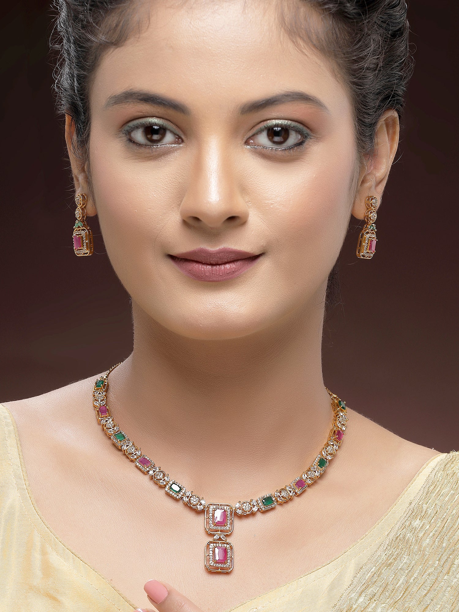 KARATCART Elegant Gold-Plated Pink and Green American Diamond Jewellery Set for Women - view 3