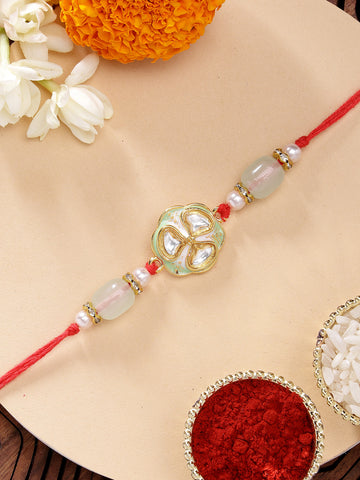 KARATCART Stylish Lime Green Meenakari Floral Design Handmade Rakhi for Brother with Roli & Chawal