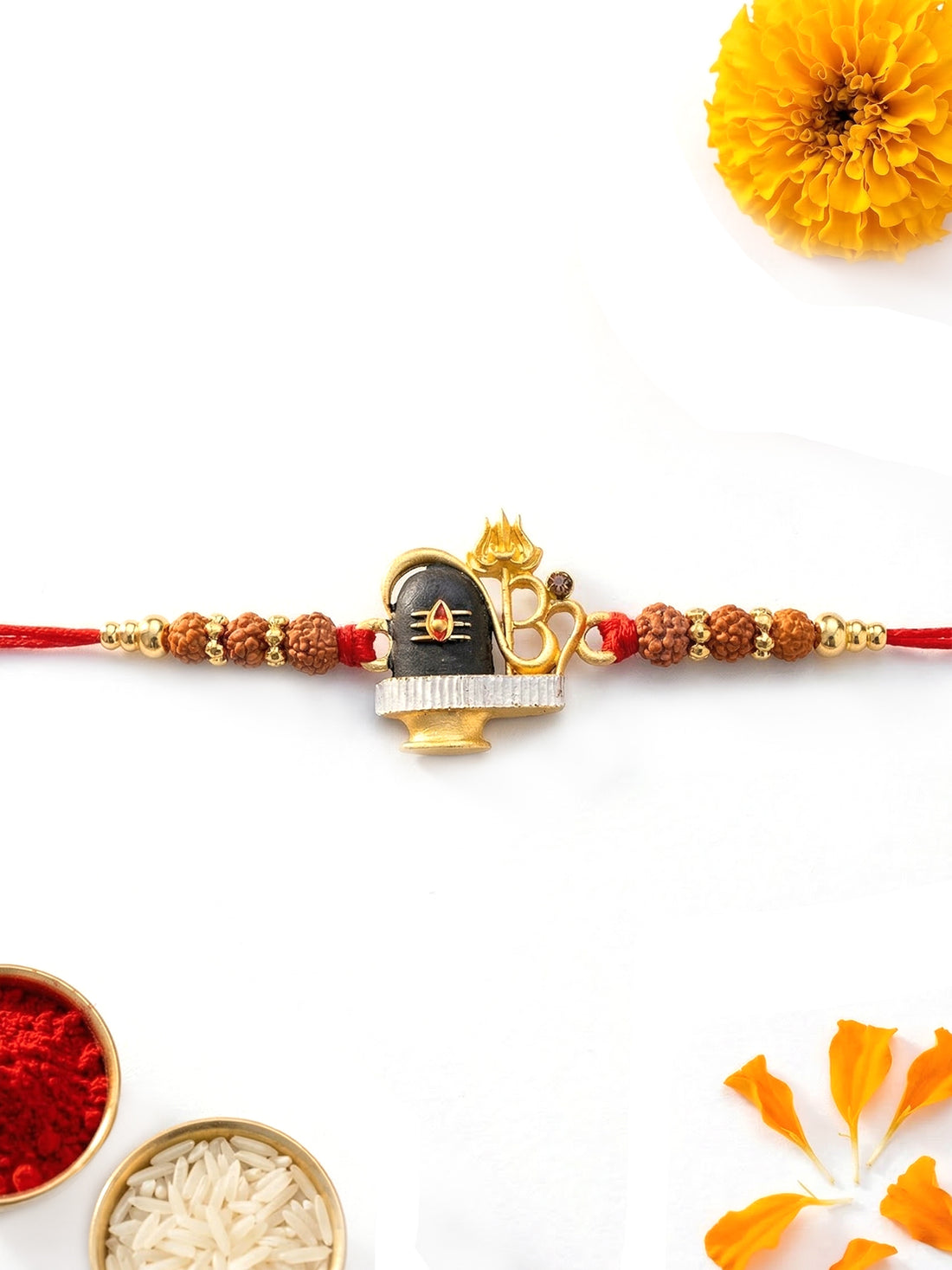 KARATCART Gold Plated Rudraksha Studded Shivling Bhaiya Rakhi with Roli & Chawal