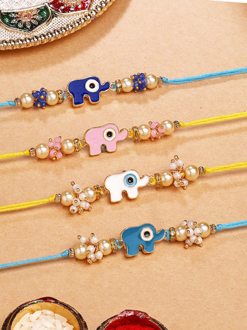 KARATCART Set of 4 Elephant Design Kundan Rakhi for Brother with Roli & Chawal