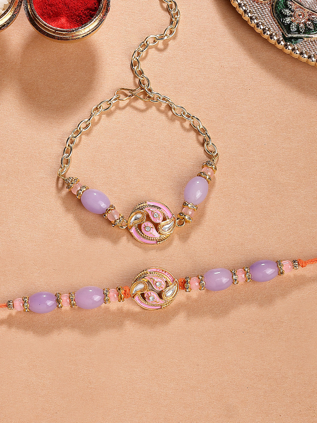 Karatcart Gold Plated Pink Meena Purple Beads Floral Kundan Bhiya Bhabhi Rakhi with Roli & Chawal