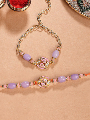 KARATCART Gold Plated Pink Meena Purple Beads Floral Kundan Bhaiya Bhabhi Rakhi with Roli & Chawal