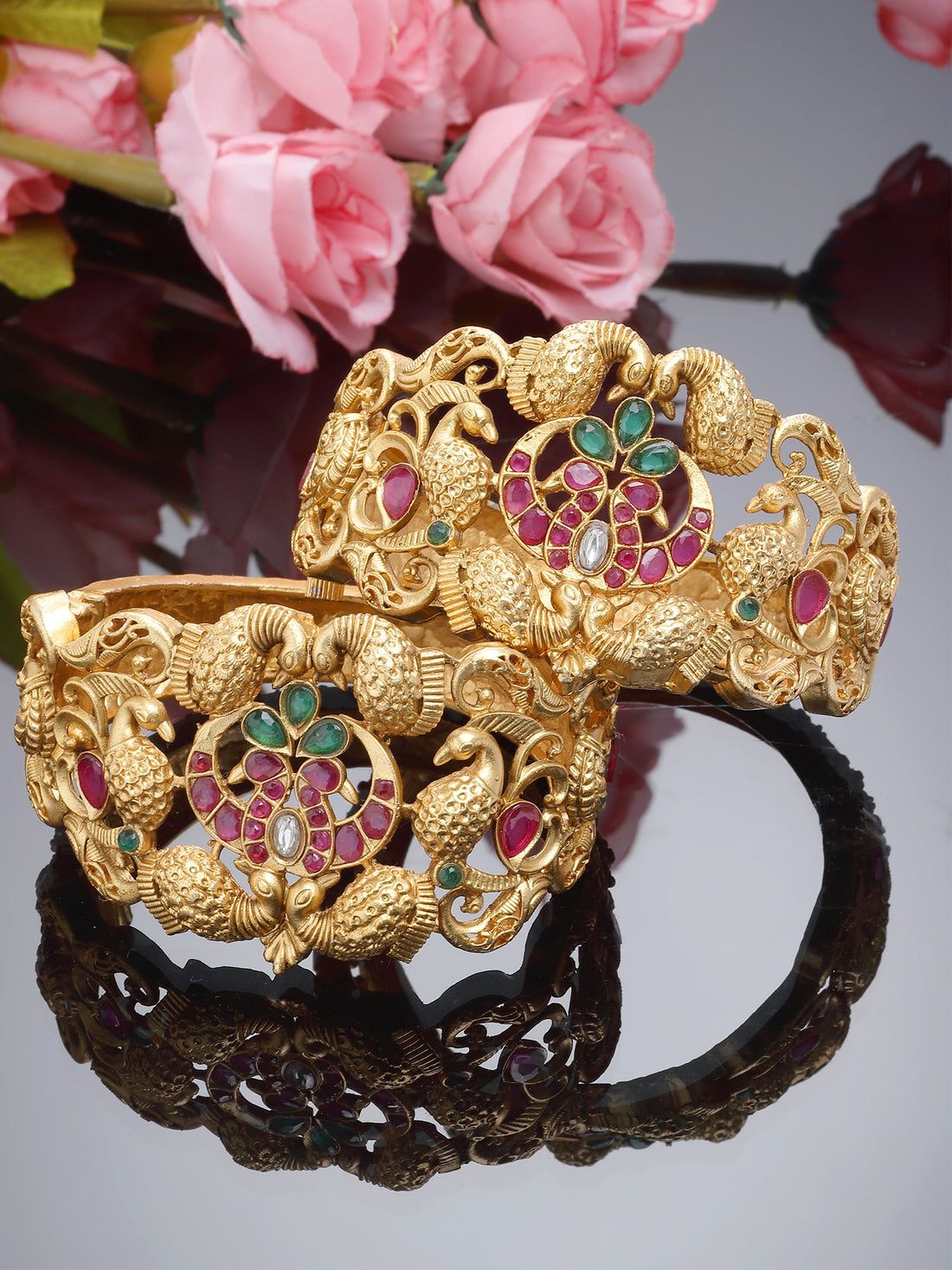 Karatcart Set of 2 Antique Gold Plated Peacock Design Rajwadi Temple Bangles for Women
