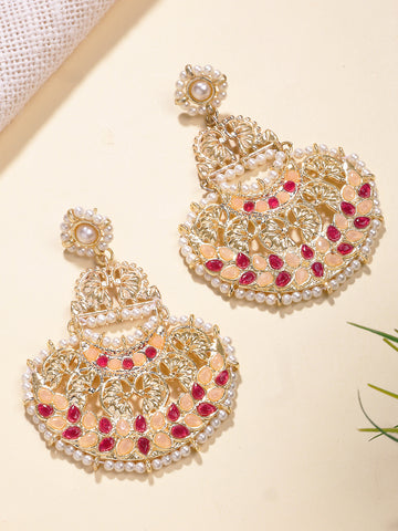 Karatcart Traditional Gold-Plated Red and Peach Kundan Dangler Earrings for Women