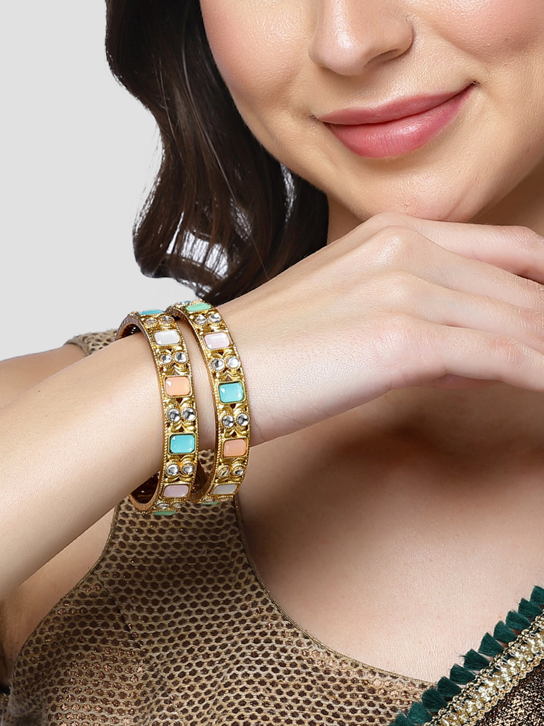 Karatcart Gold Plated Set of 2 Multicolor Kundan Stone Bangles for Women