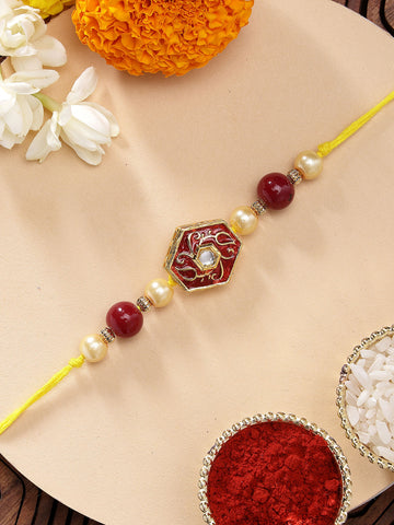 KARATCART Vibrant Red Meenakari Handmade Polki Kundan Rakhi for Brother with Roli & Chawal