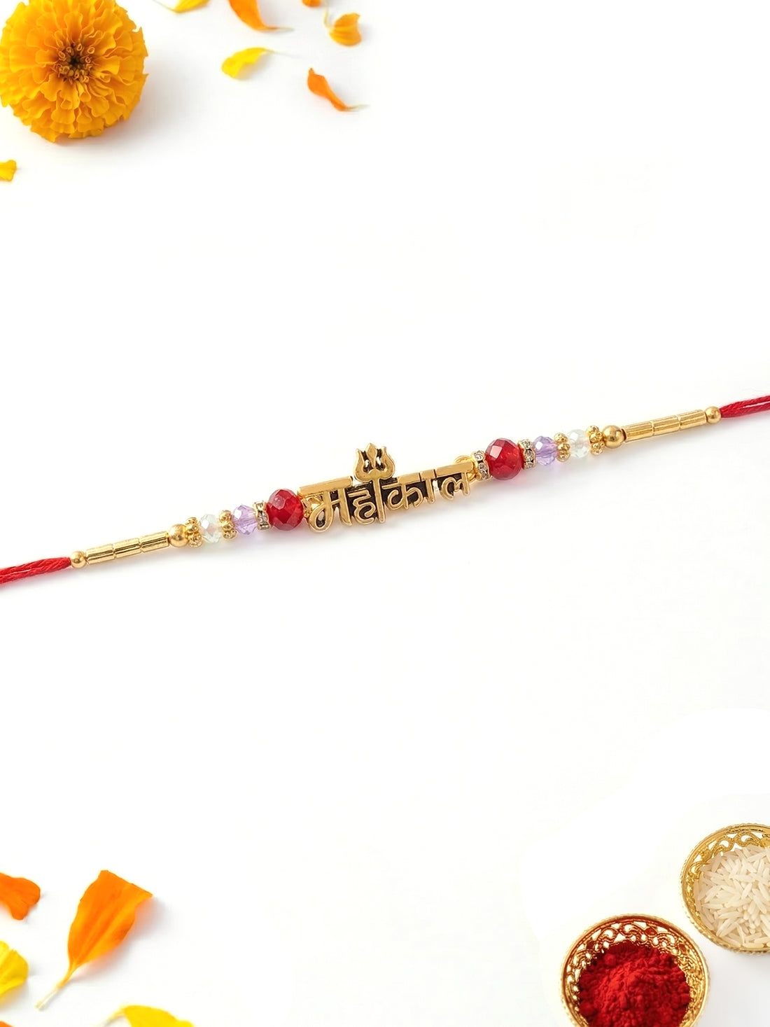 KARATCART Gold Plated Mahakaal Letter Designer Bhaiya Rakhi with Roli & Chawal