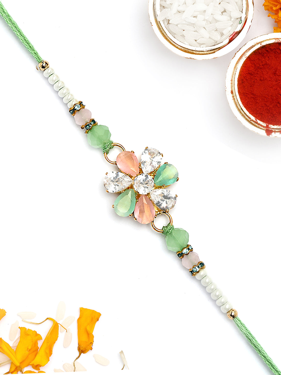 KARATCART Lime Green, Peach and White Rhinestones Floral Bhaiya Rakhi with Roli & Chawal