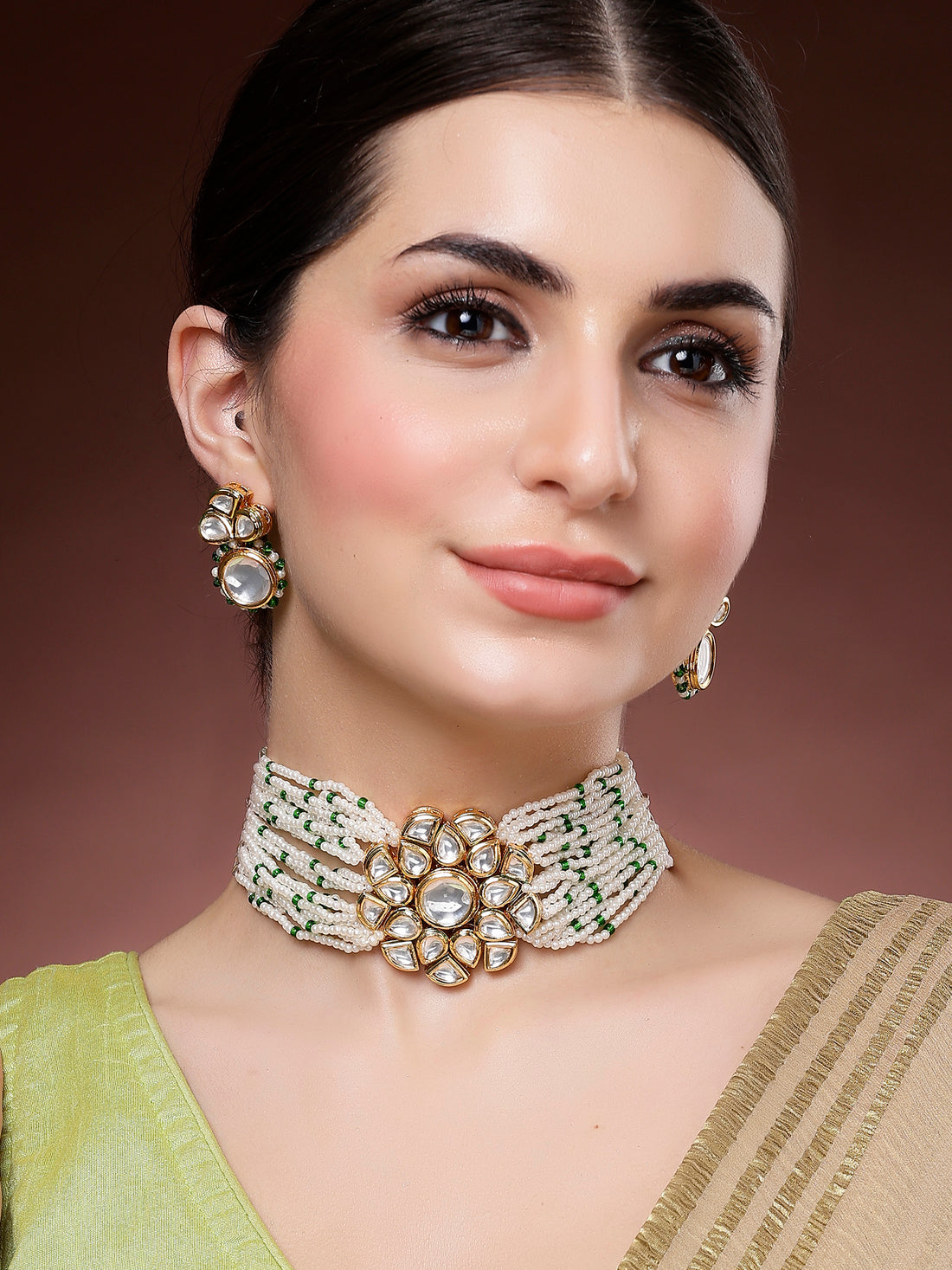 Karatcart Green Beads Polki Kundan Floral Design Choker Necklace Set for Women
