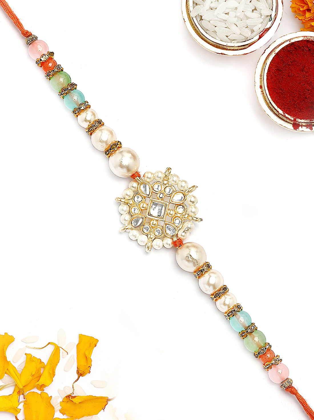 KARATCART Gold Plated Multicolor Beads Floral Kundan Bhaiya Rakhi with Roli & Chawal