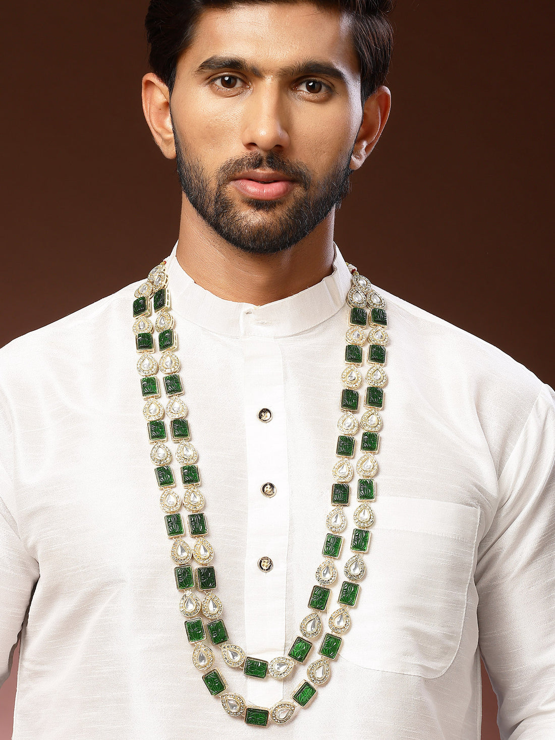 Karatcart Royal Green Carved Stone & Pearl Layered Maharaja Haar for Men