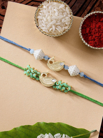 KARATCART Set of 2 Blue and Light Green Fish Handmade Kundan Rakhi for Brother with Roli & Chawal