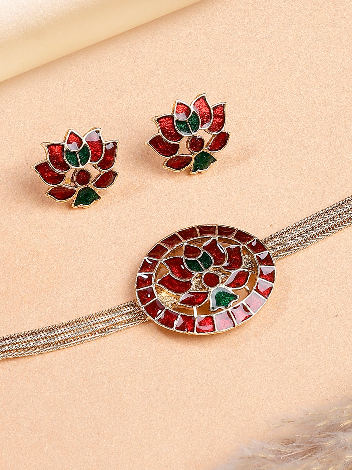 Karatcart Red & Green Lotus Enamel Gold-Plated Temple Jewellery Set for Women
