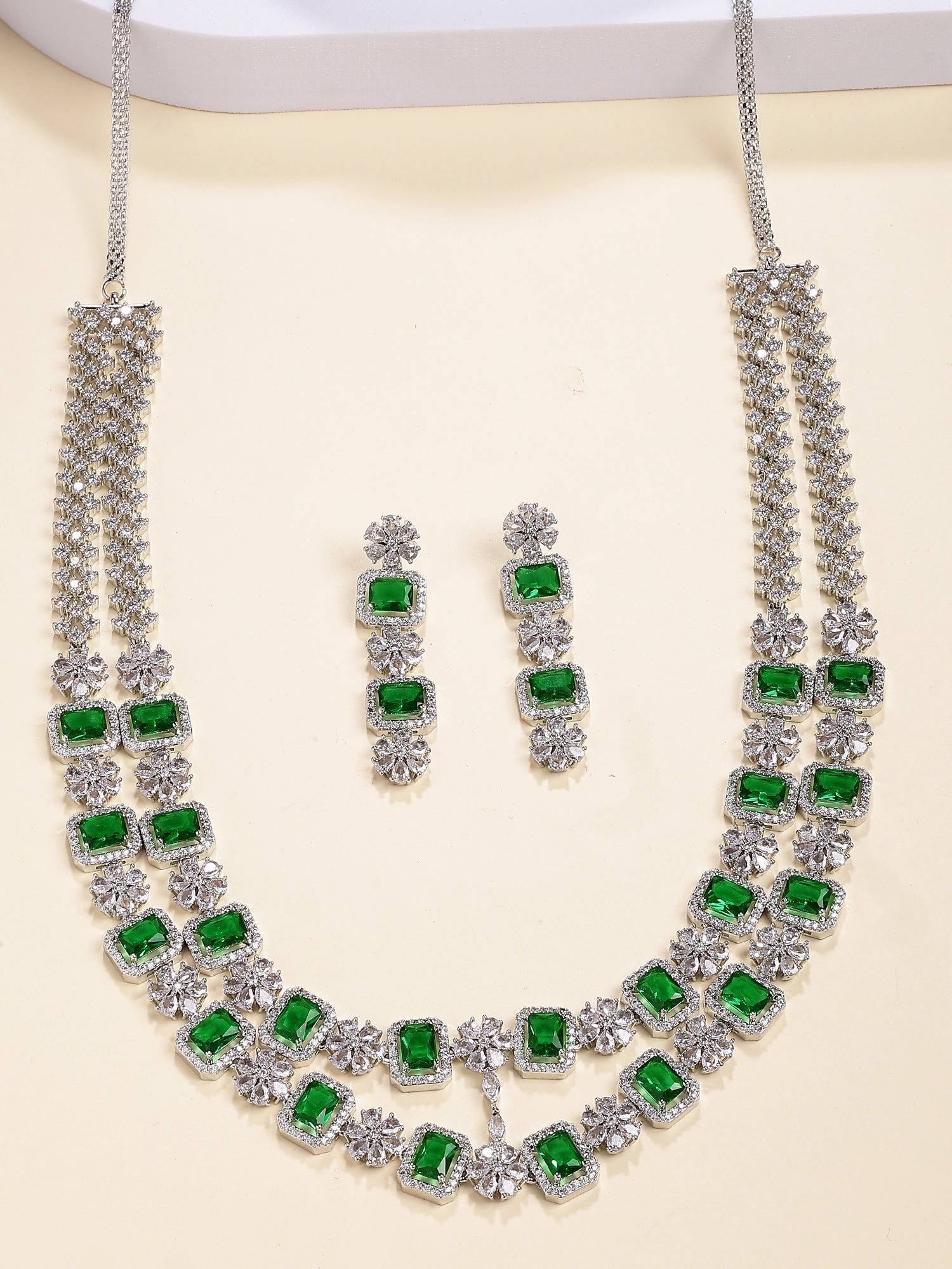 Karatcart Silver Plated Green Long American Diamond Necklace Set for Women