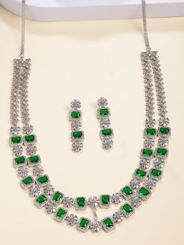 Karatcart Silver Plated Green Long American Diamond Necklace Set for Women