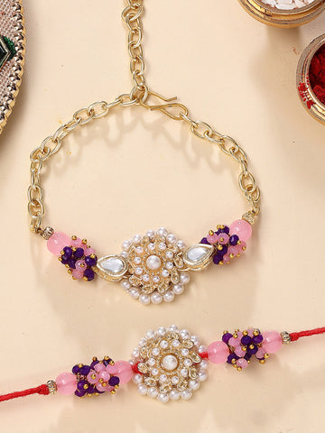KARATCART Gold Plated Pink and Purple Crystal Kundan Bhaiya Bhabhi Rakhi with Roli & Chawal