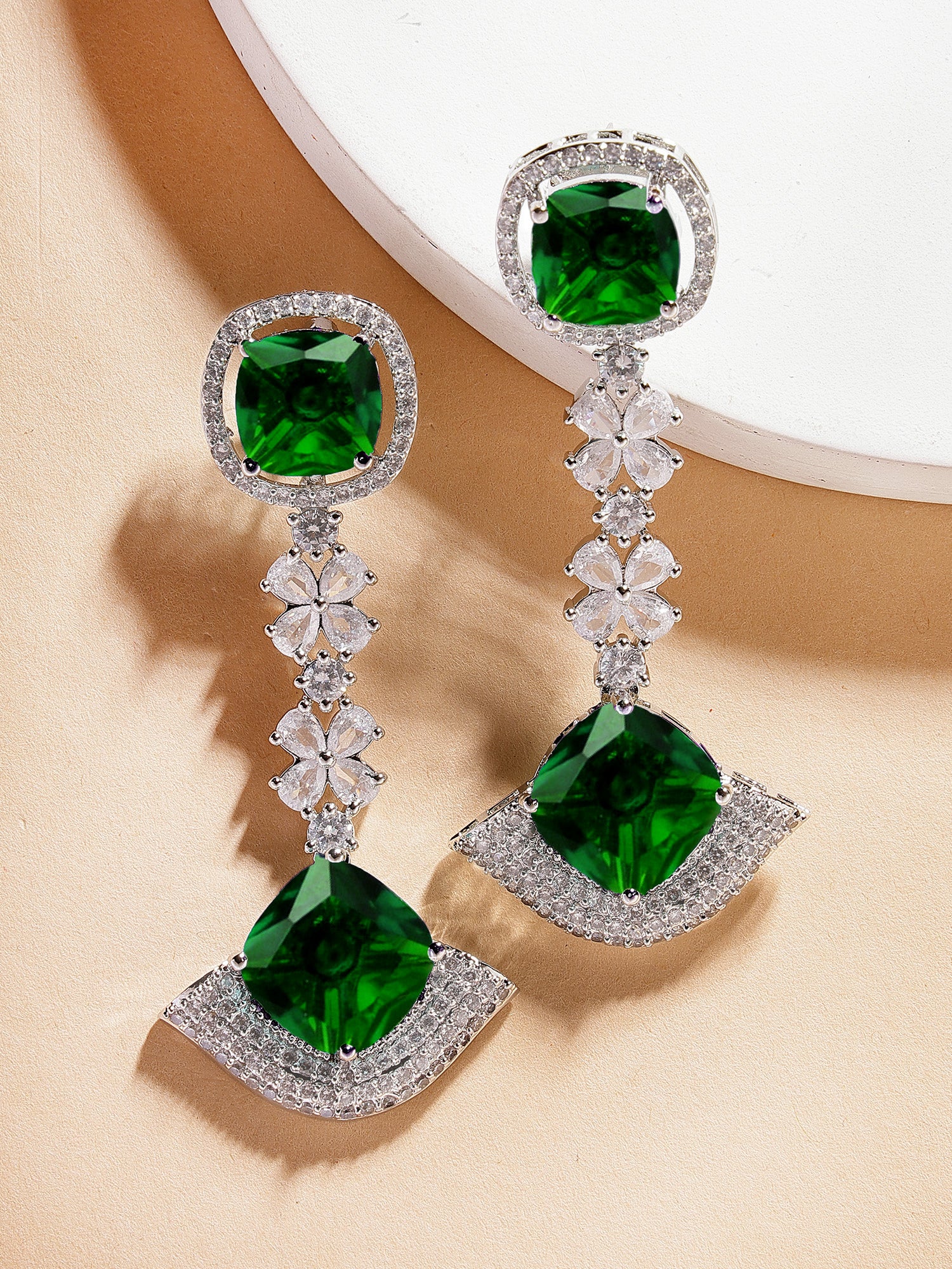 Karatcart Dazzling Green American Diamond Stone Drop Earrings for Women