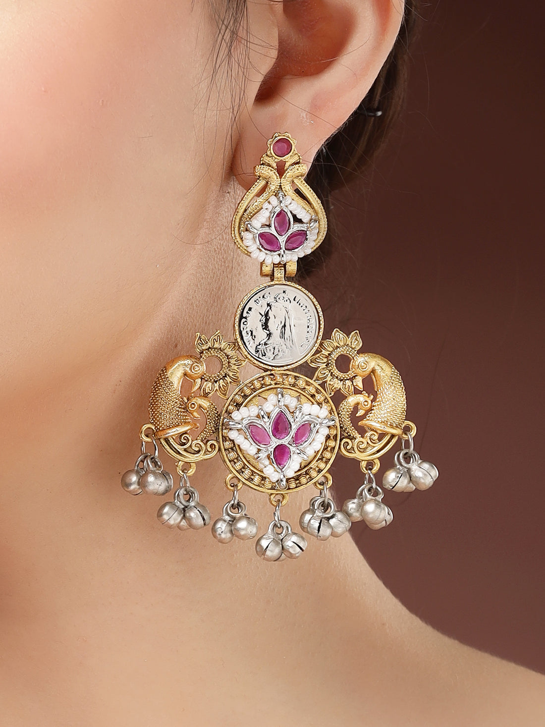 Karatcart Ethnic Gold Plated Red Stone Peacock Motif Lord Shiva Coin Embedded Dangler Earrings