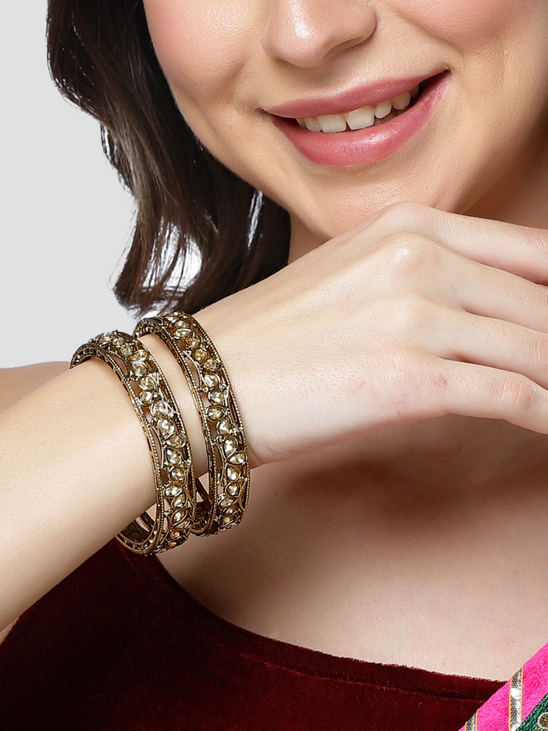 Karatcart Set of 2 Antique Gold Plated Golden Kundan Studded Bangles for Women